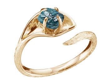 Raw blue diamond engagement ring-Conflict free rough diamond ethical wedding ring-Flower twig ring-Nature inspired ring-Calla lily ring-Tree