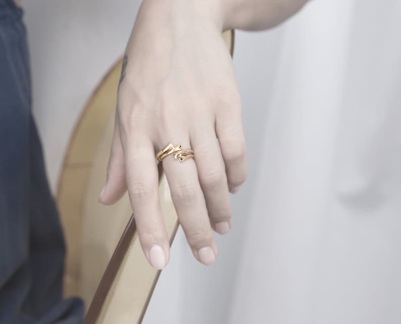 14k yellow gold ring Black diamond ring Minimalist engagement ring Bypass ring for women. Diamond wedding ring band Simple open ring