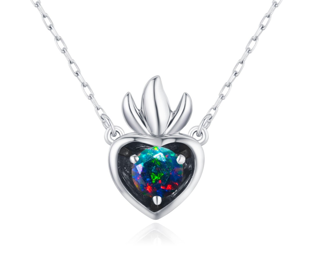 Black Opal Necklace Pendantsacred Heart Necklacecharm Layering
