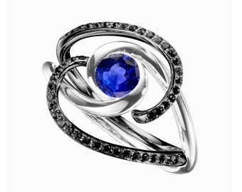 Sapphire solitaire ring with enhancer-Classic black diamond wedding band engagement rings set matching-Bridal halo ring-Alternative spiral