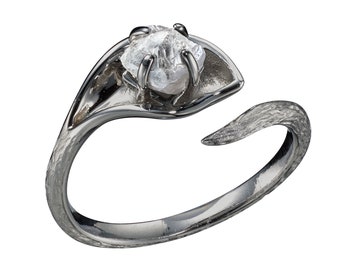 Conflict free raw diamond engagement ring black-Ethical rough diamond wedding ring-Twig flower ring-Nature inspired rustic ring-Calla lily