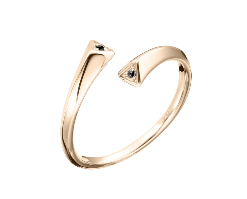 14k yellow gold ring Black diamond ring Minimalist engagement ring Bypass ring for women. Diamond wedding ring band Simple open ring