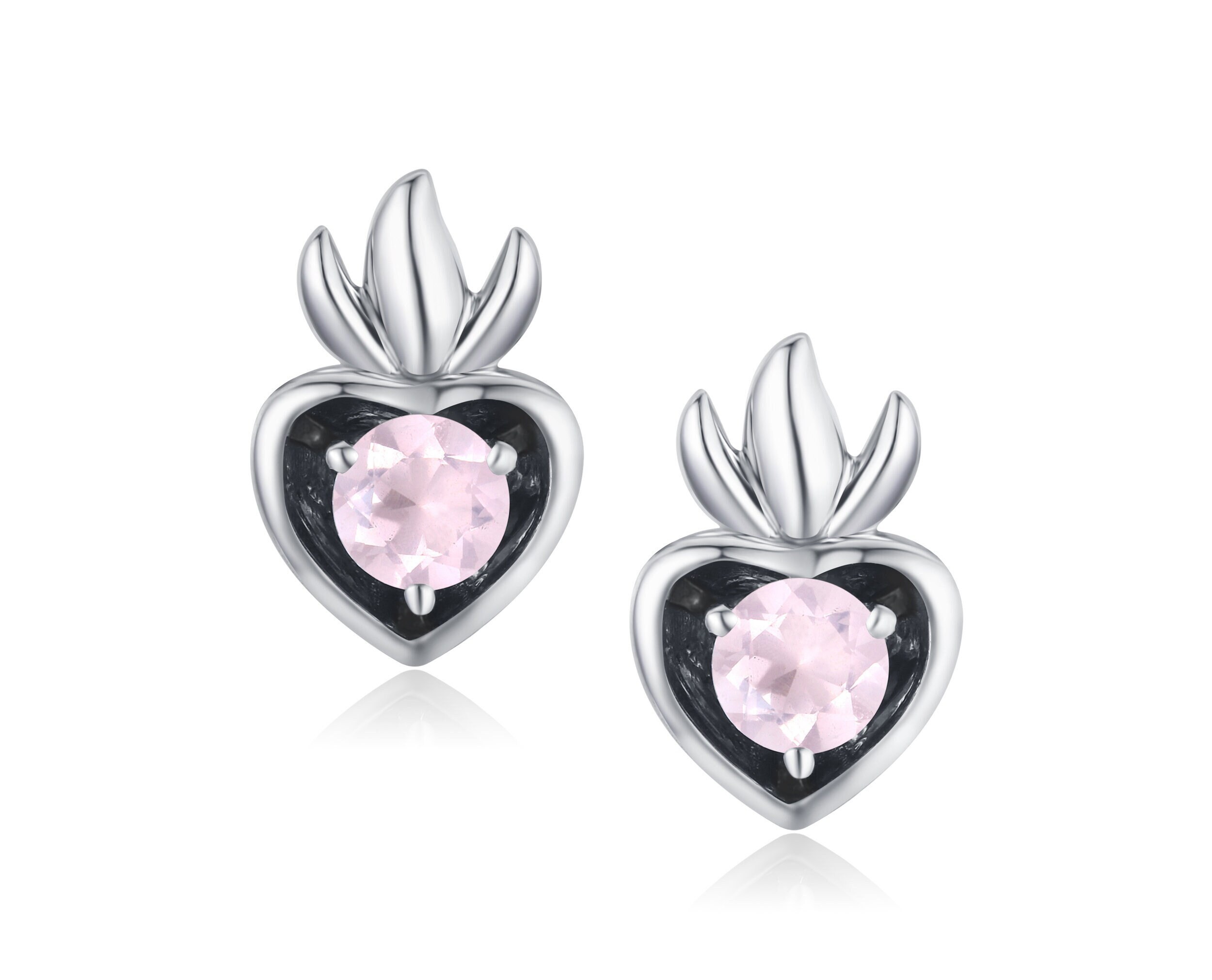 Orecchini Cuore di Quarzo Rosa e Argento 925 - Orecchini Quarzo Rosa