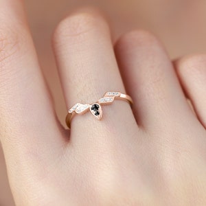 Black diamond ring-Teardrop engagement ring wedding-Pear shaped ring drop-Alternative ring promise-Rose gold ring unique-Dainty ring simple image 2