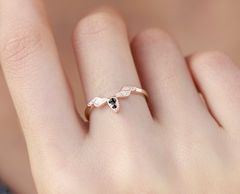 Black diamond ring-Teardrop engagement ring wedding-Pear shaped ring drop-Alternative ring promise-Rose gold ring unique-Dainty ring simple image 2