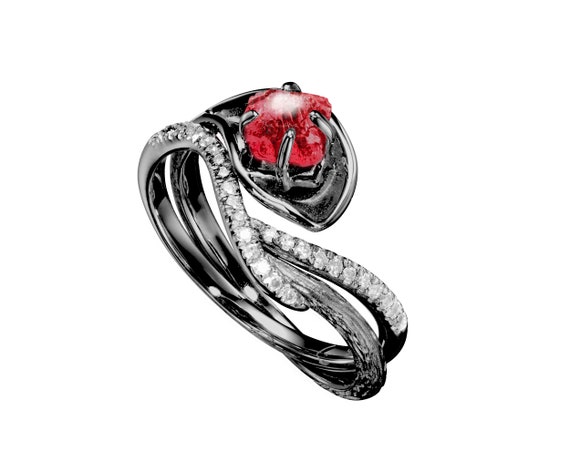 Raw ruby ring Pave diamond band alternative engagement ring | Etsy