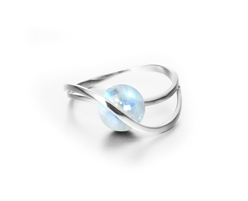 Unique wedding ring Alternative solitaire ring Rainbow moonstone engagement ring 14k white gold ring Minimalist white stone band women.