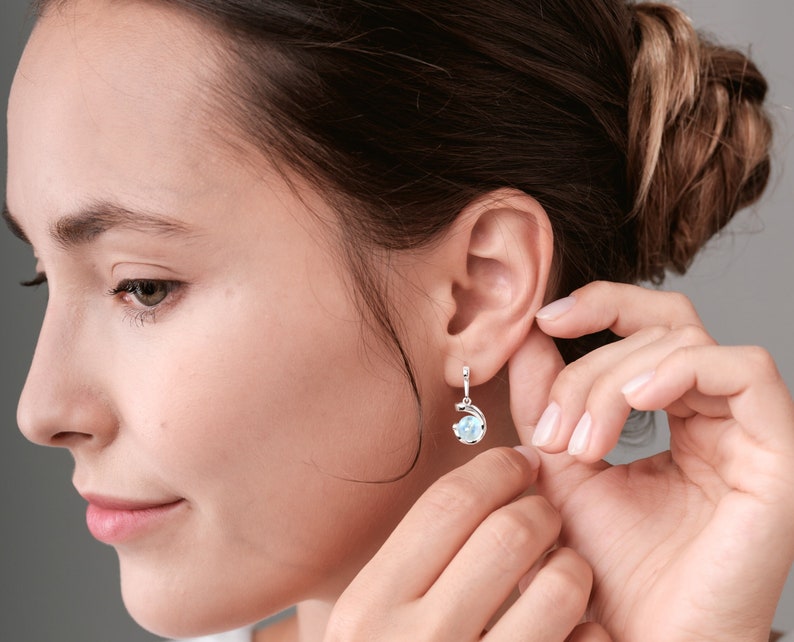 Rainbow moonstone earrings-Drop dangle earrings-Ball earrings dangling-June birthstone earrings-Simple silver earring for women-Everyday image 1