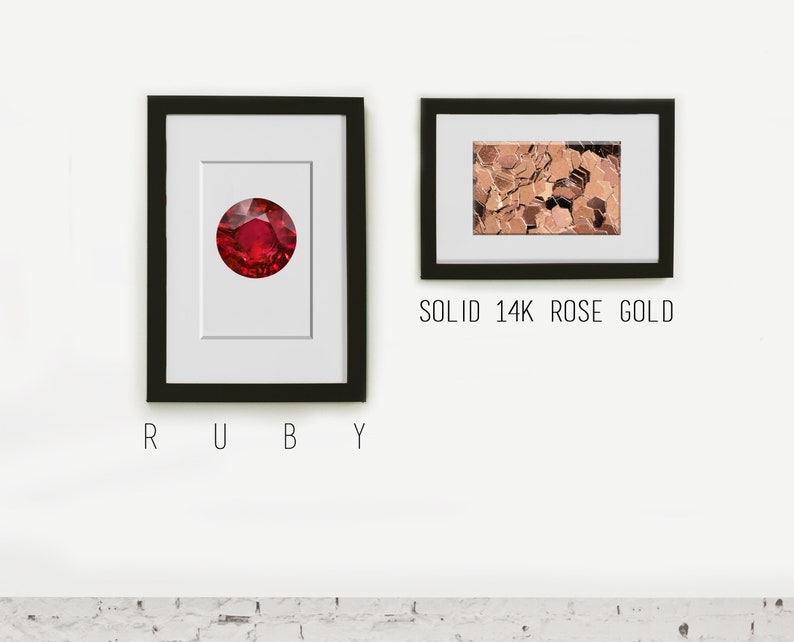 May include: Two framed images on a white wall. The image on the left shows a red ruby gemstone. The image on the right shows a close-up of rose gold flakes. The text below the images reads "RUBY" and "SOLID 14K ROSE GOLD".