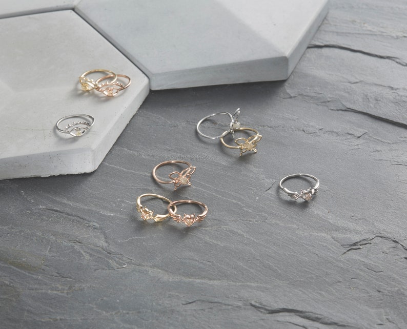 Rose gold butterfly ring raw diamond ring rough uncut diamond ring Filigree butterfly Tattoo engagement jewelry wedding diamond Promise gold