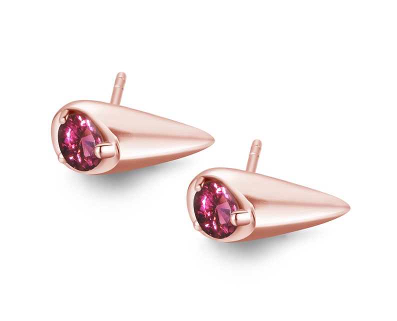 Pink tourmaline earrings stud-Small drop dainty stacks earrings-Multiple piercing teardrop alternative October birthstone earrings-Rubellite image 4
