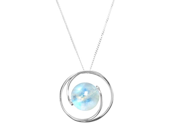Rainbow Moonstone Necklace Round Pendant 14k White Gold - White Gold Moonstone Pendant Rainbow Moonstone Necklace Round Pendant 14k White Gold - White Gold Moonstone Pendant
