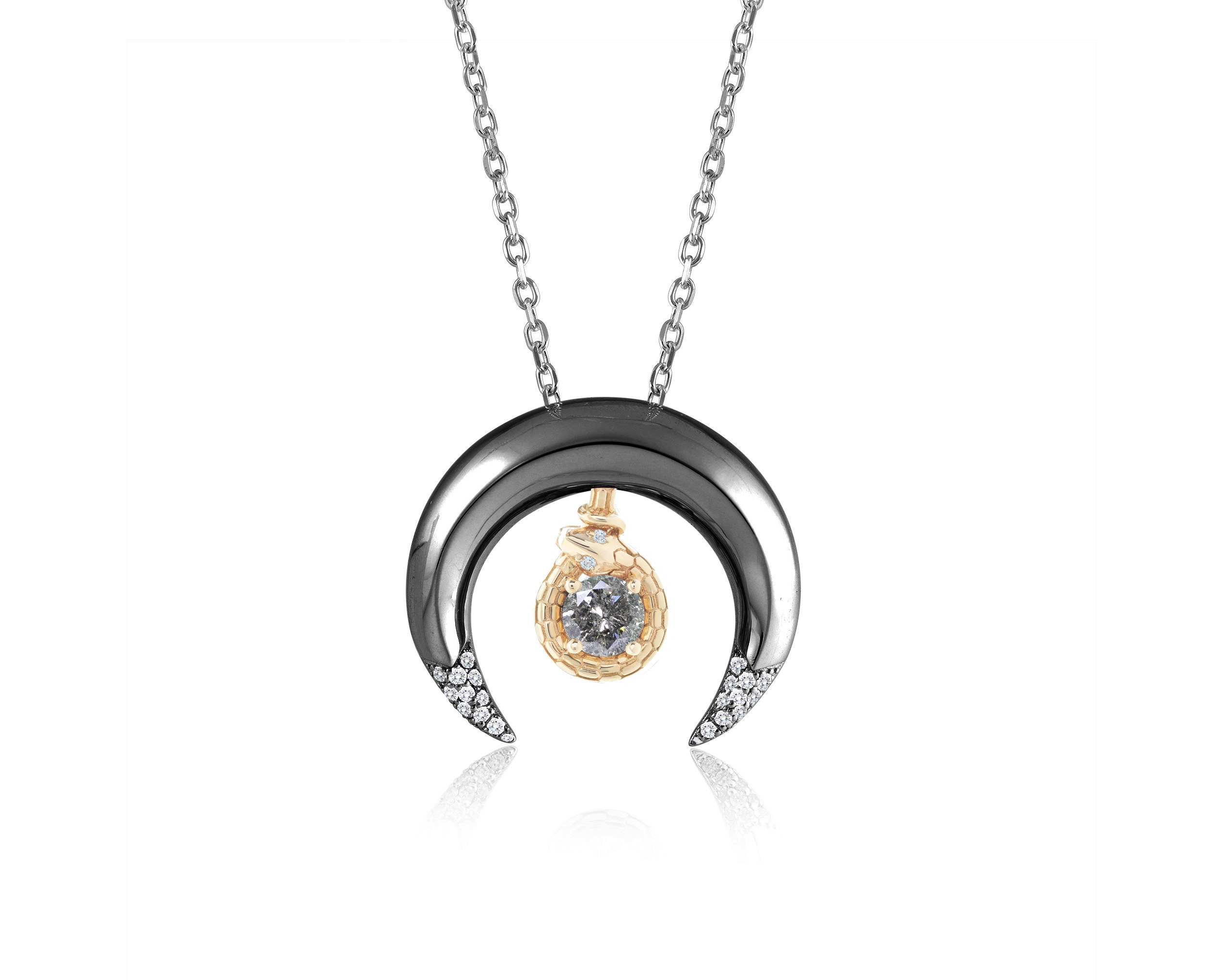 Salt and pepper diamond necklace-Grey diamond necklace-Triple goddess necklace set-Double necklace-Crescent moon necklace-Two piece necklace