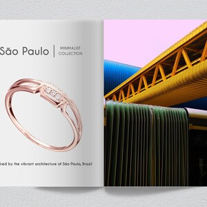 May include: A rose gold ring with a double band design and a row of small diamonds. The ring is inspired by the vibrant architecture of S&atilde;o Paulo, Brazil. "S&atilde;o Paulo | MINIMALIST COLLECTION" is written in the image.