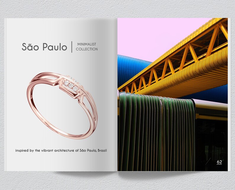 May include: A rose gold ring with a double band design and a row of small diamonds. The ring is inspired by the vibrant architecture of S&atilde;o Paulo, Brazil. "S&atilde;o Paulo | MINIMALIST COLLECTION" is written in the image.