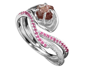 Raw pink diamond engagement ring and wedding rings set-Matching bridal band-Solitaire ring with enhancer-Flower ring floral-Rustic bridal
