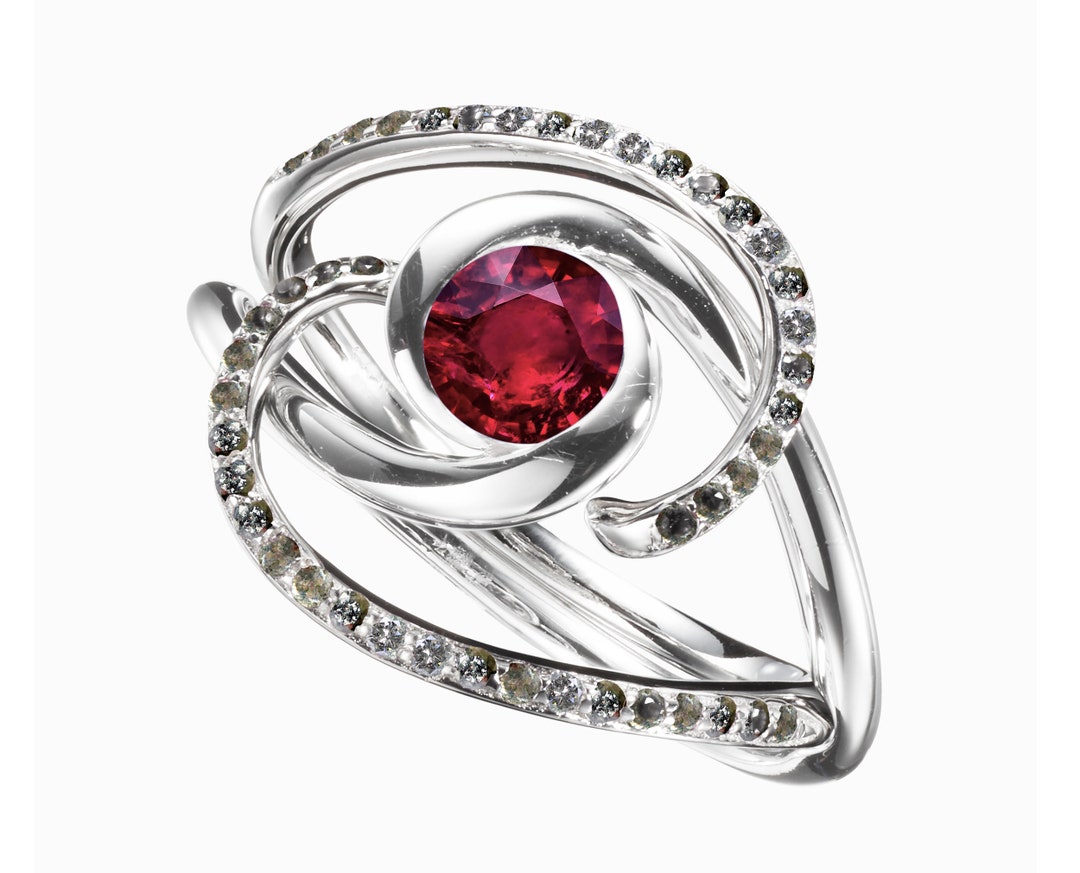Ruby Solitaire Ring With Enhancer-gray Diamond Wedding Band Engagement ...