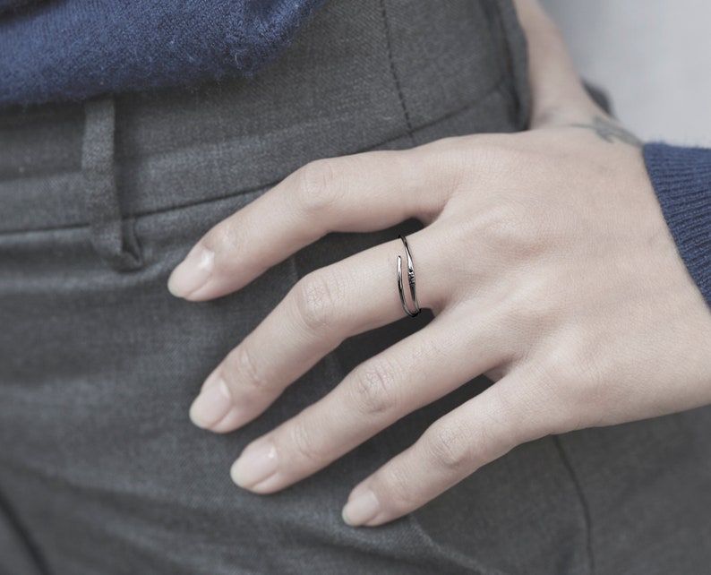 Simple delicate ring for women. Unique minimalist engagement ring Black diamond ring 14k gold black ring Black diamond wedding ring band