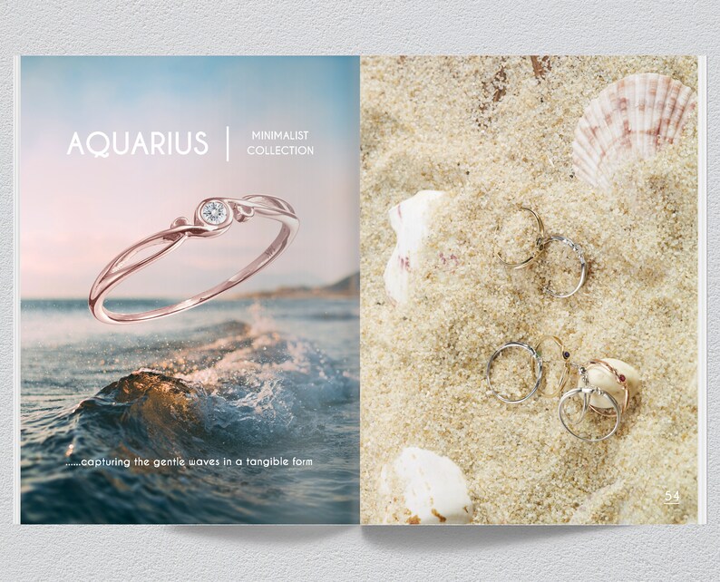 May include: A rose gold ring with a small diamond set in a wave-like design. The ring is photographed against a blue ocean background with a wave cresting in the foreground. The text "AQUARIUS | MINIMALIST COLLECTION" is displayed above the ring. The text "...capturing the gentle waves in a tangible form" is displayed below the ring.