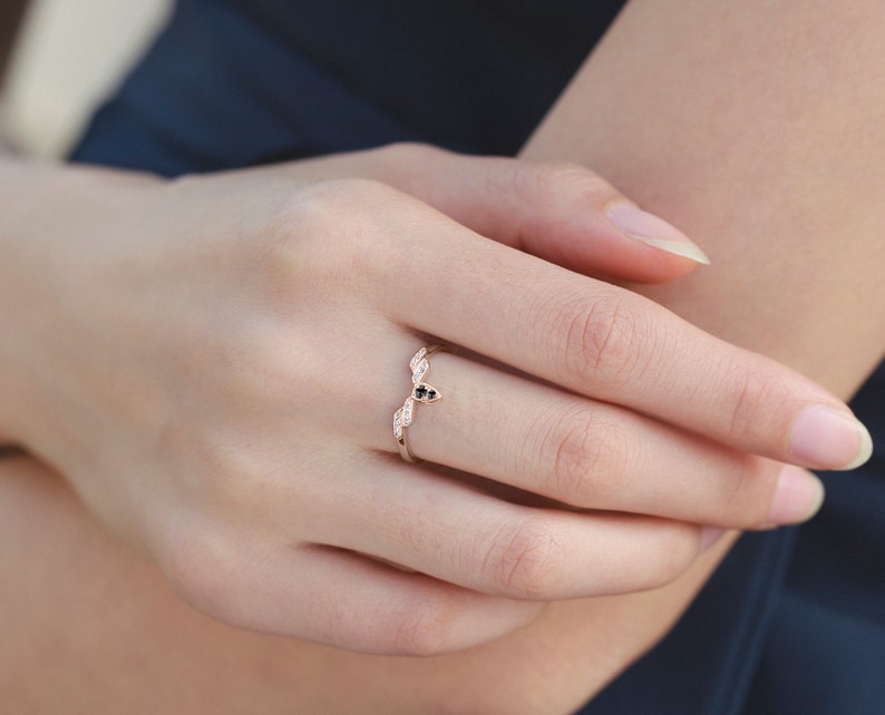 Black diamond ring-Teardrop engagement ring wedding-Pear shaped ring drop-Alternative ring promise-Rose gold ring unique-Dainty ring simple image 4