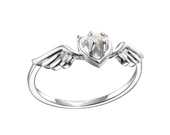 Heart ring, Diamond heart engagement ring, Heart promise ring wedding, Sacred heart jewelry, Angel heart wing, Devil angel 9K gold sinner