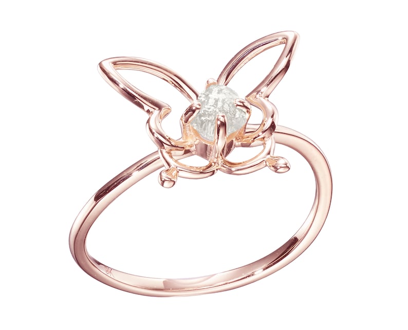 Rose gold butterfly ring raw diamond ring rough uncut diamond ring Filigree butterfly Tattoo engagement jewelry wedding diamond Promise gold
