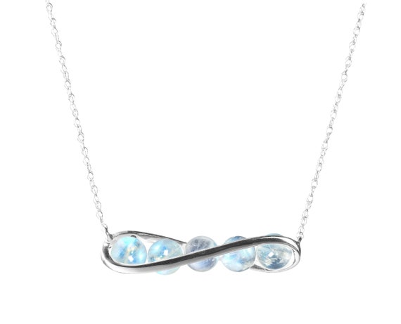 Rainbow moonstone necklace pendant, 14k white gold bar necklace, Simple sideway horizontal necklace, Minimalist white stone jewelry for her.
