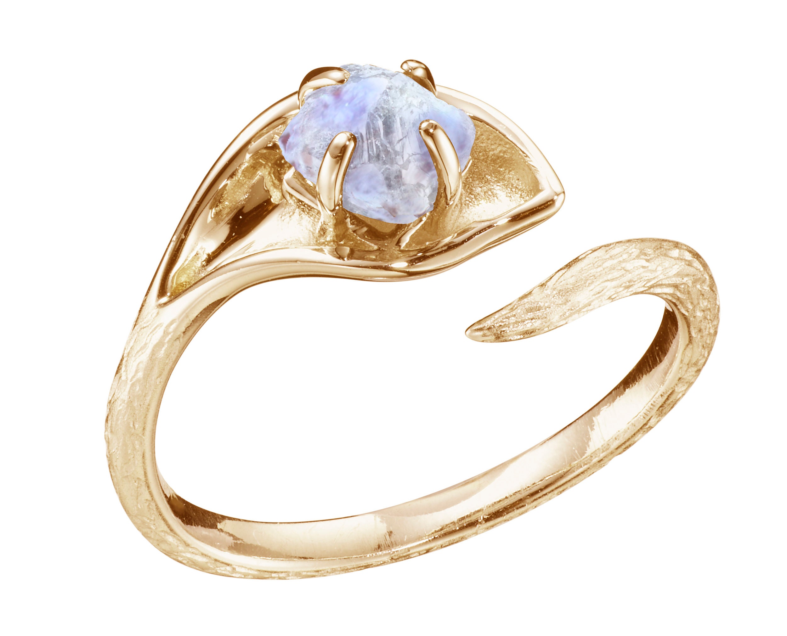 Raw moonstone engagement ring-Twig flower ring-Nature inspired rustic wedding ring branch-Calla lily ring-Texture tree bark ring-Alternative