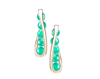 Green earrings gold bar earrings, May birthstone jewelry, Emerald green earrings stone, Green agate chalcedony jewelry, Dark green gemstone