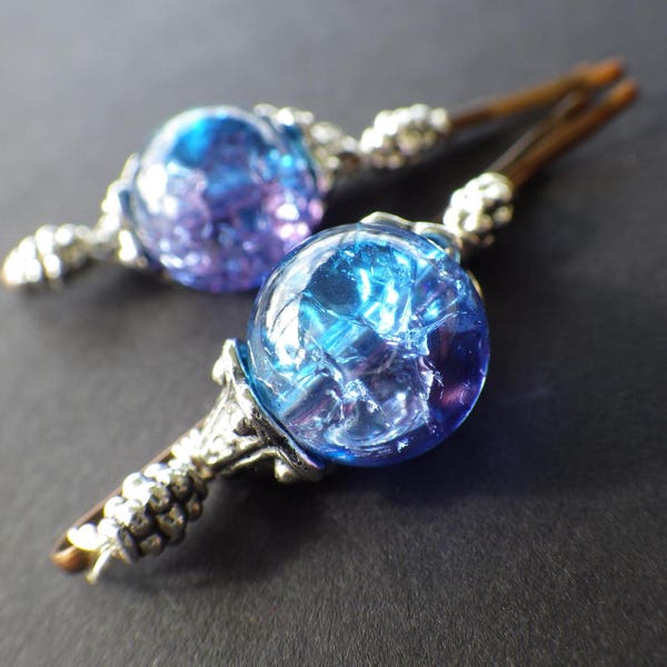 Blue and Purple Crackle Glass- Silver Wire-Wrapped- Beaded Bobby Pins- Summer Hair Style- Fashion Accessory- Gift for Her- Teen Girls- Women