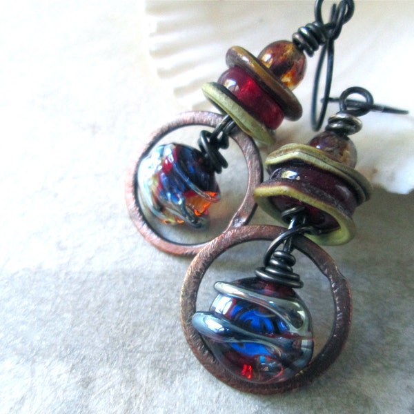 MAELSTROM II Urban Primitive Dangle Lampwork Glass & Copper Earrings
