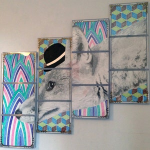May include: A multi-panel artwork featuring a stylized fox with a black top hat. The fox is depicted in shades of gray and white, with a geometric pattern background in shades of blue, green, and pink.