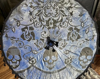 Hand painted cloth parasol- Skulls in Blue & Silver