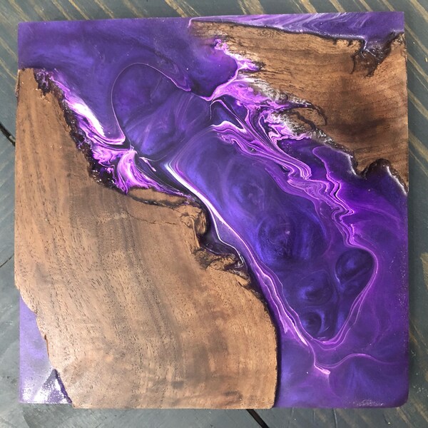 8"x8" Purple Resin and Walnut River Wall Hanging