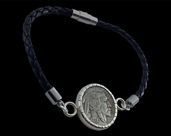 Leather coin bracelet. Silver coin bracelet.