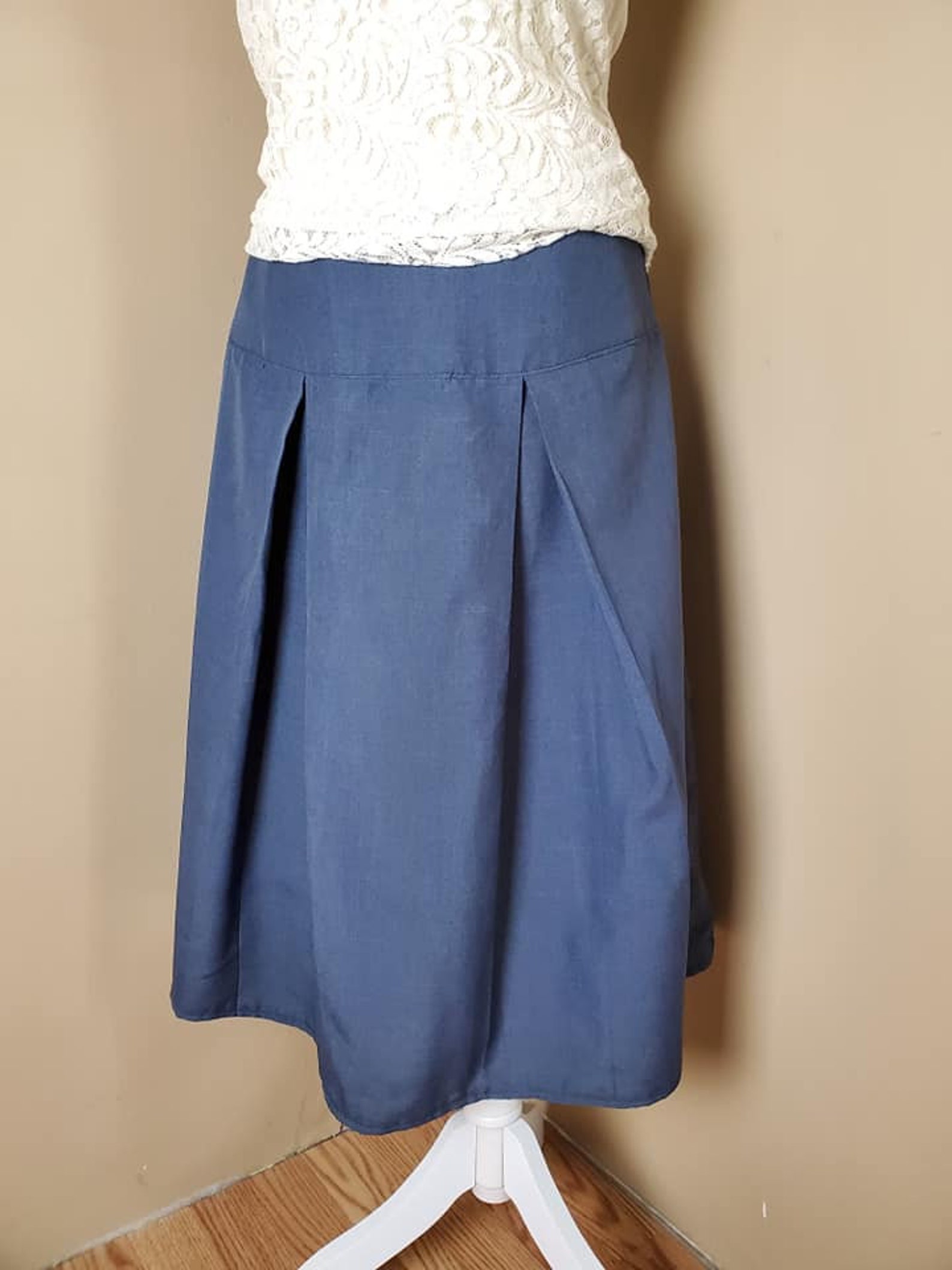 Blue Pleated Skirt Yoke Waist Mid-calf Length - Etsy