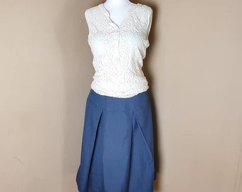 Blue Pleated Skirt, Yoke Waist, Mid-Calf Length