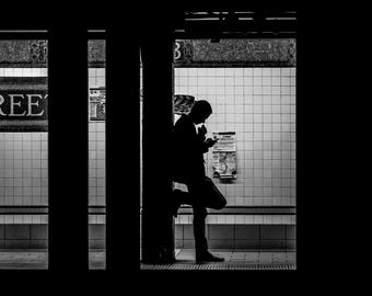 New York City Subway Silhouette Print, Black and White NYC Street Photography Wall Art