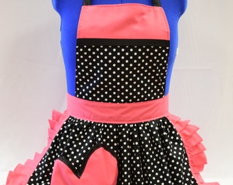 Retro Vintage 50s Style Full Apron / Pinny - Black & White Polka Dot with Pink Trim and Heart Shaped Pocket