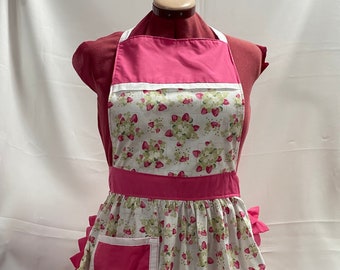 Retro Vintage 50s Style Full Apron / Pinny - Strawberries On Cream With Pink Trim