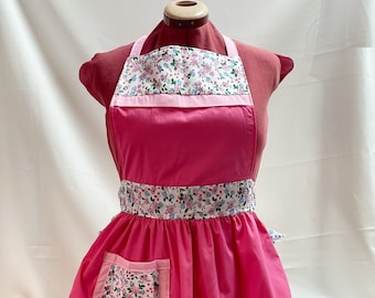 Retro Vintage 50s Style Full Apron / Pinny - Pink with Floral Trim