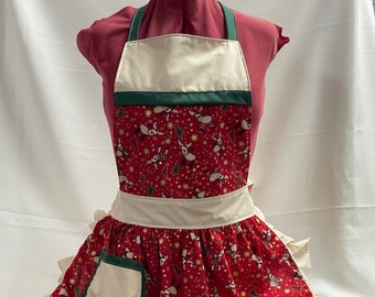 Retro Vintage 50s Style Full Apron / Pinny - Christmas Reindeer on Red with Dark Cream Trim