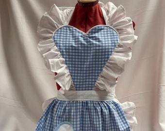 Retro Vintage 50s Style Full Apron / Pinny with Heart Shaped Top and Pocket - Light Blue and White Gingham with White Trim