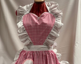 Retro Vintage 50s Style Full Apron / Pinny with Heart Shaped Top and Pocket - Pink and White Gingham with White Trim