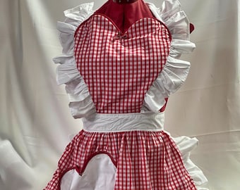 Retro Vintage 50s Style Full Apron / Pinny with Heart Shaped Top and Pocket - Red and White Gingham with White Trim