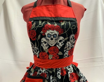 Retro Vintage 50s Style Full Apron / Pinny - Skulls & Roses on Black with Red Trim