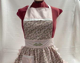 Retro Vintage 50s Style Full Apron / Pinny - Baby Pink Floral with Embroidered Waistband and Baby Pink Trim