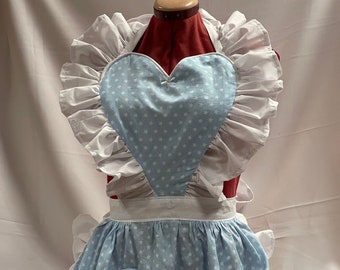 Retro Vintage 50s Style Full Apron / Pinny with Heart Shaped Top and Pocket - Light Blue with White Stars and White Trim