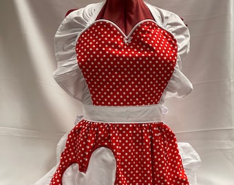 Retro Vintage 50s Style Full Apron / Pinny with Heart Shaped Top and Pocket - Red & White Polka Dot With White Trim