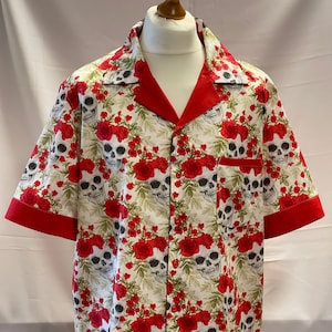 Handmade Retro Cuban Collar Hawaiian Rockabilly Shirt - Ivory with Skulls & Red Roses